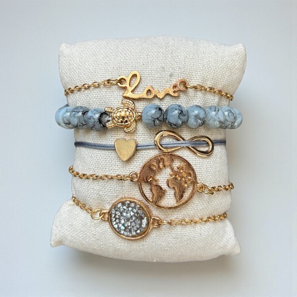 Boho Turtle Charm 5-Piece Bracelet Set